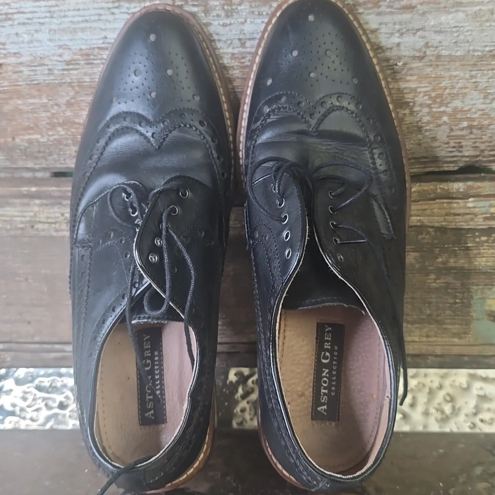 Aston Grey Black Leather Brogue Oxfords with Brown Wood-Effect Soles, Mens Sz 9